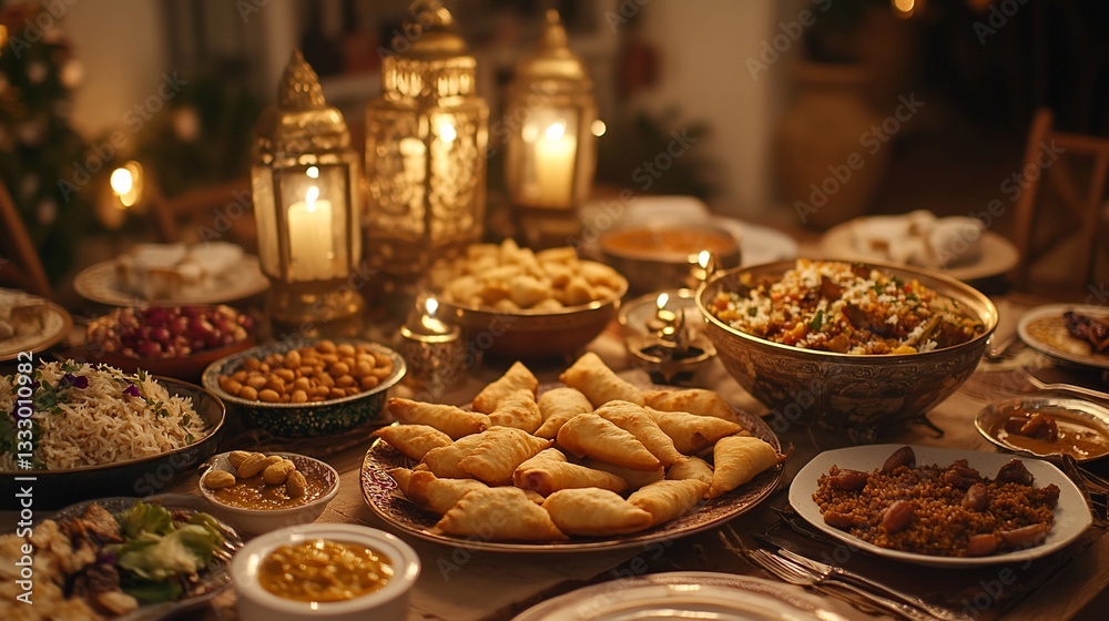 A Lavish Iftar Feast, Celebrating Ramadan with Traditional Dishes and Golden Lanterns A Lavish Iftar Feast, Celebrating Ramadan with Traditional Dishes and Golden Lanterns