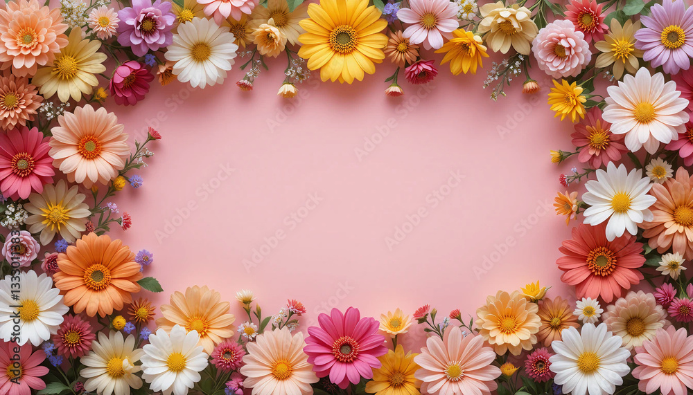flowers on pastel pink background, with blank space on side for copy and text for Valentine's Day, Easter, Birthday, Happy Women's Day, Mother's Day. Flat lay, Beautiful composition flowers on pastel pink background, with blank space on side for copy and text for Valentine's Day, Easter, Birthday, Happy Women's Day, Mother's Day. Flat lay, Beautiful composition