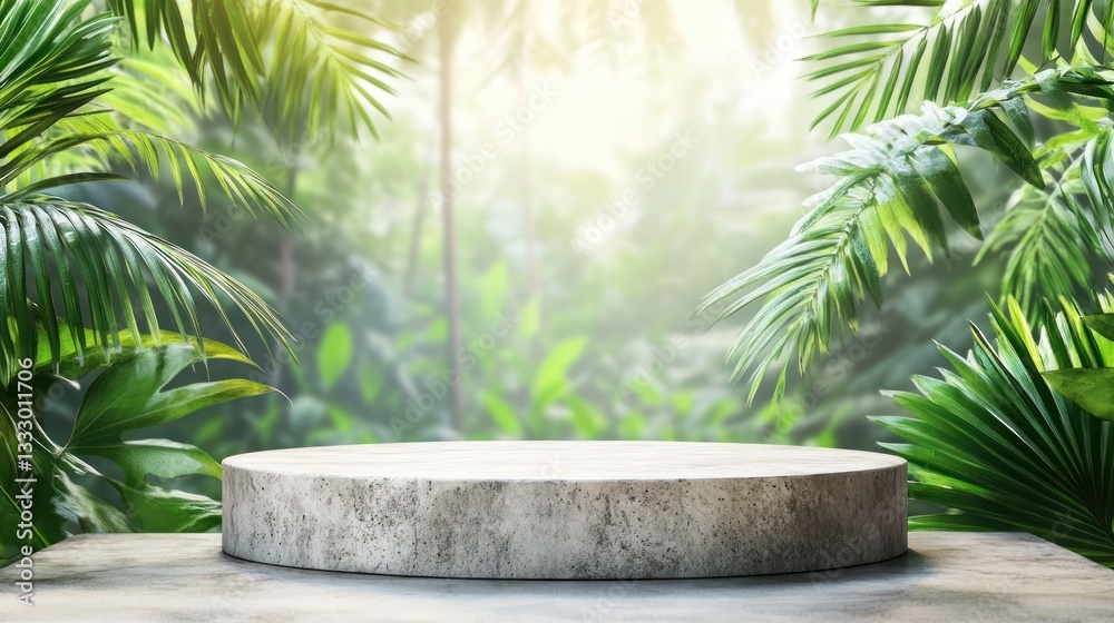 Fototapeta premium Minimalist product display podium amid vibrant botanical jungle backdrop