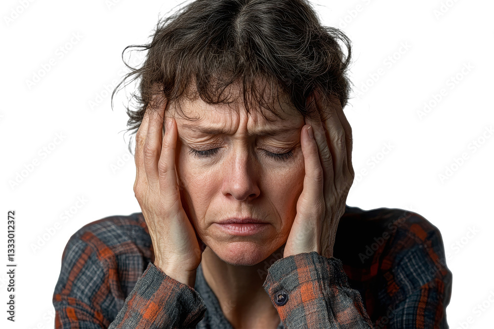 Woman in distress with a headache holds her head, cut out transparent Woman in distress with a headache holds her head, cut out transparent