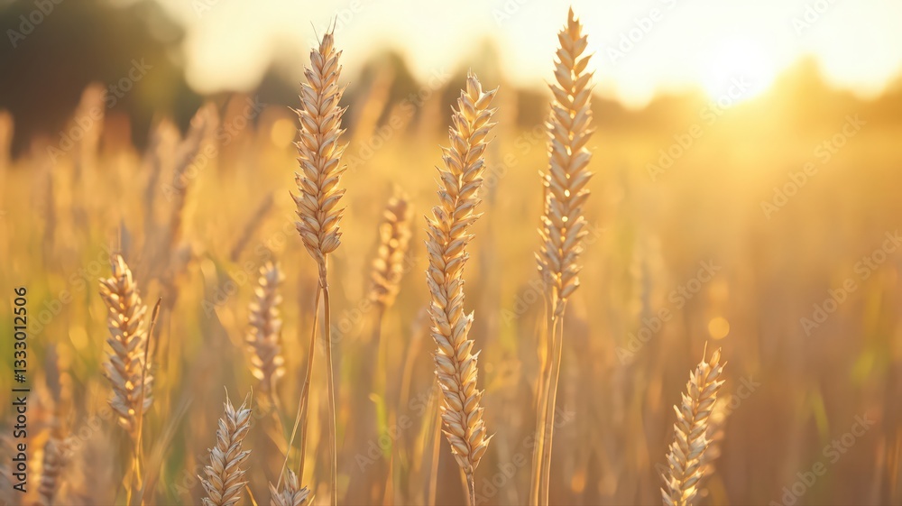 Obraz premium Golden Wheat Field at Sunset: A Close Up View