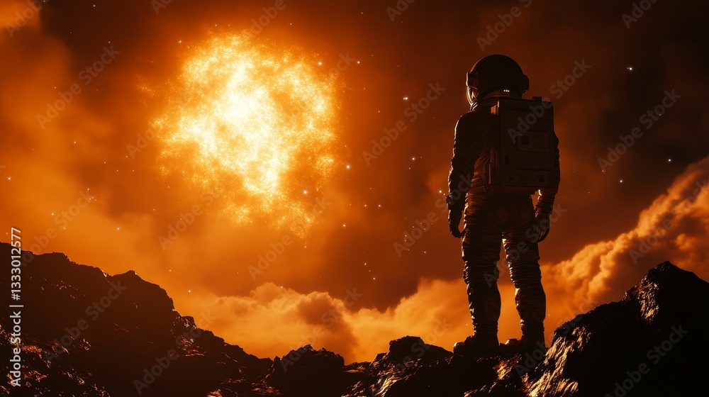 Fototapeta premium Astronaut gazes at distant cosmic explosion.