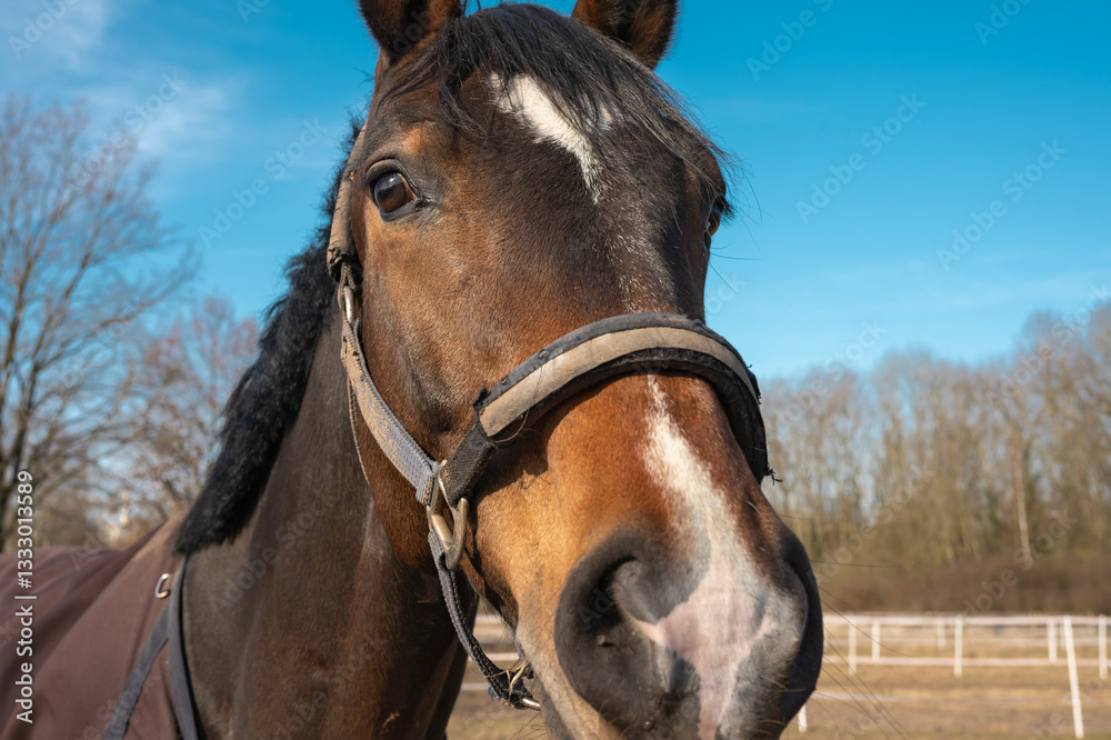 Obraz premium Close up of a brown horse head in harness on a pasture on a sunny day