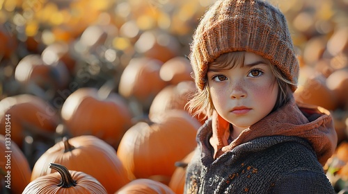 Child in pumpkin patch, autumn harvest, fall colors, outdoor portrait, seasonal photo