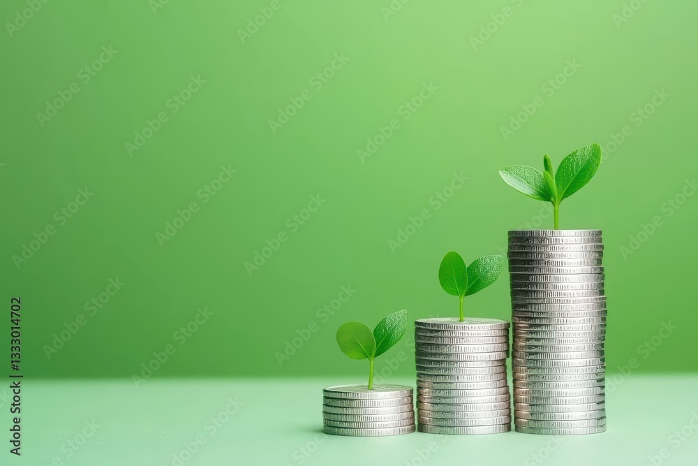 Financial Growth Concept with Neatly Arranged Piles of Coins and Fresh Green Plants Financial Growth Concept with Neatly Arranged Piles of Coins and Fresh Green Plants