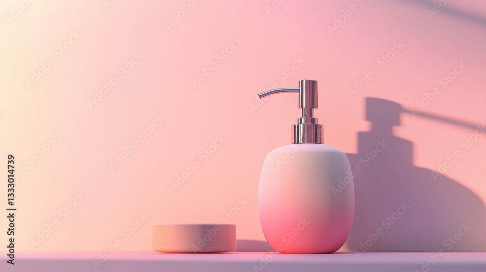 Fototapeta premium A ceramic soap dispenser with a matte finish, featuring a stainless steel pump, set against a pastel-toned solid background