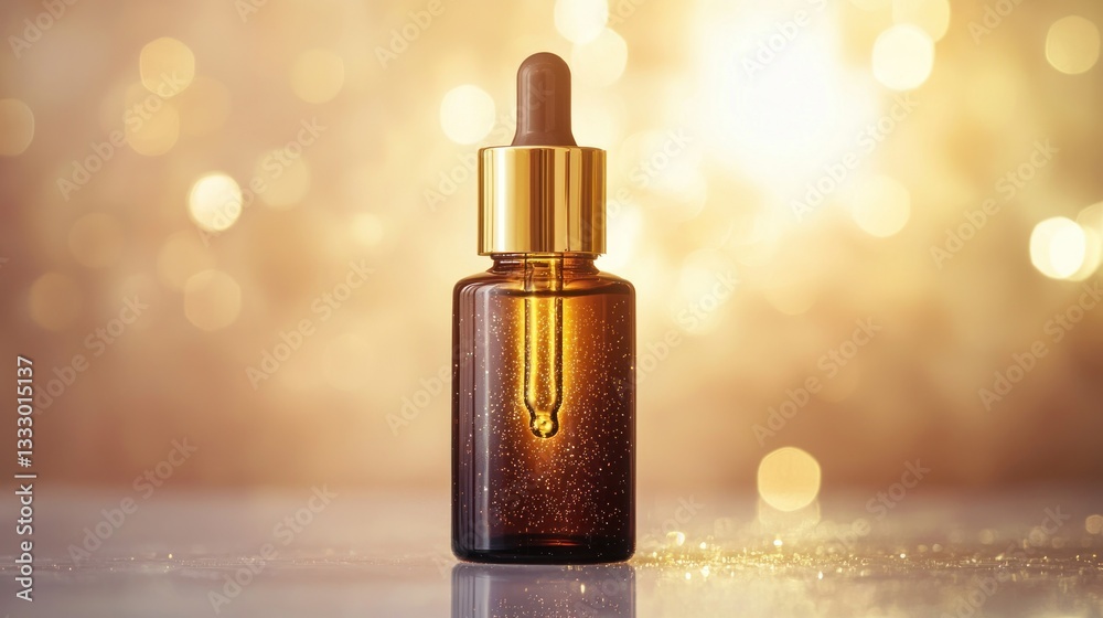Fototapeta premium Serum in amber glass bottle, gold cap. Bokeh background