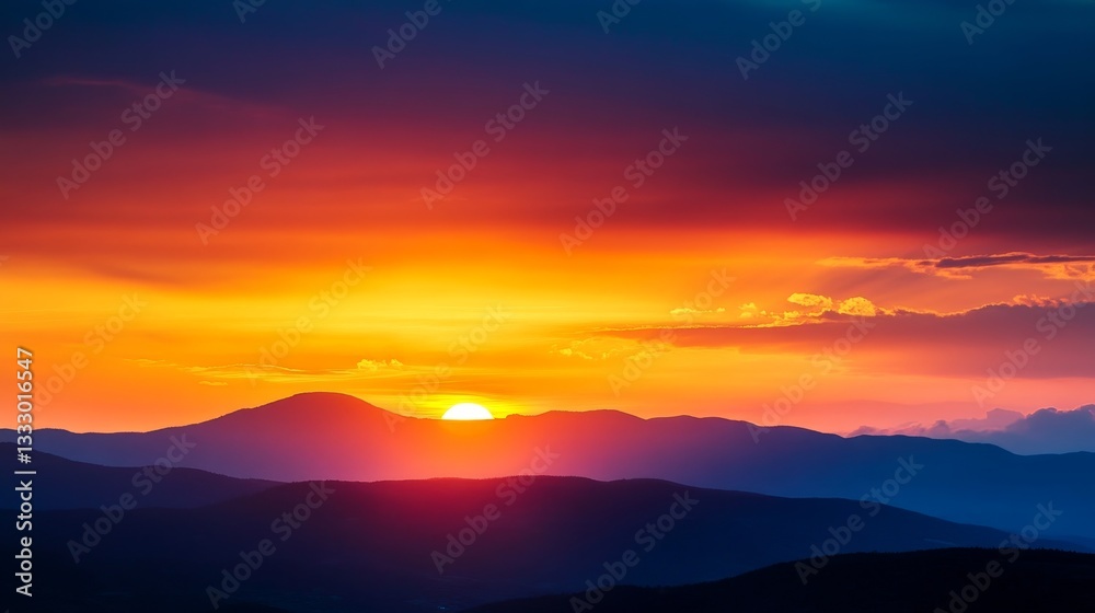 Vibrant sunset over rolling mountains with dramatic clouds and warm colors illuminating the sky Vibrant sunset over rolling mountains with dramatic clouds and warm colors illuminating the sky