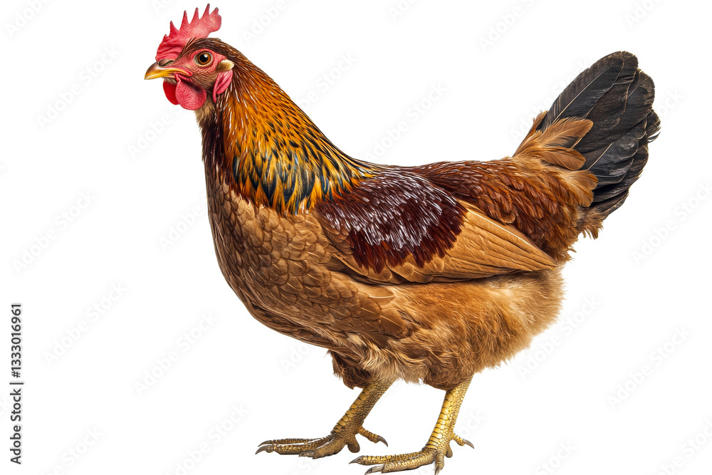 Fototapeta premium Brown feathered hen with red crest standing, farm animal, cut out transparent