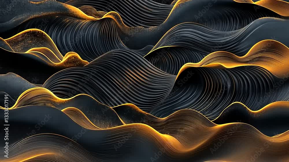 Abstract waves of black and gold flowing seamlessly, creating a dynamic visual effect in a digital landscape