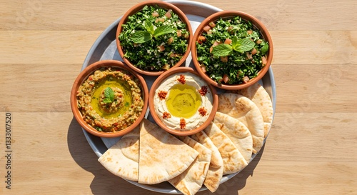 Delicious mediterranean mezze platter with hummus baba ghanoush tabbouleh and pita bread dip oil food