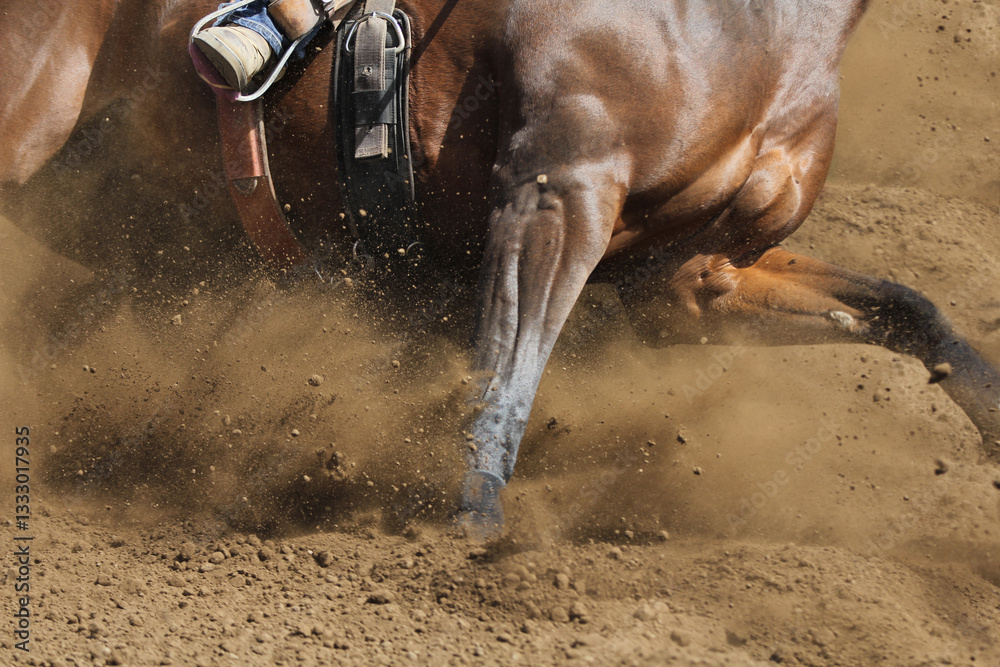 Obraz premium A barrel racing horse skids around the corner throwing up dirt