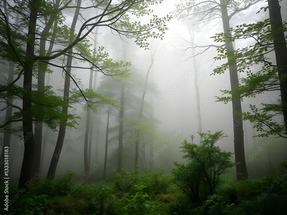 Naklejka premium Serene and peaceful, a nature-inspired background with a misty forest