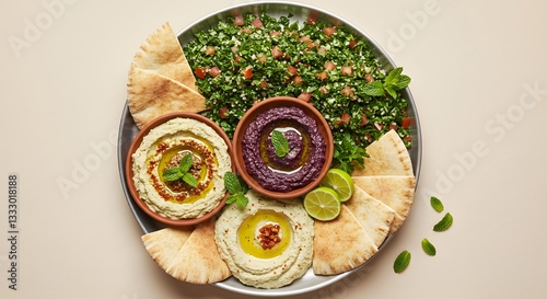 Delicious mediterranean platter with hummus baba ghanoush tabbouleh and pita bread dip oil food meal