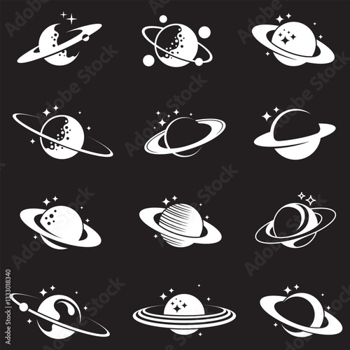 collection of planet saturn with stars isolated on black background