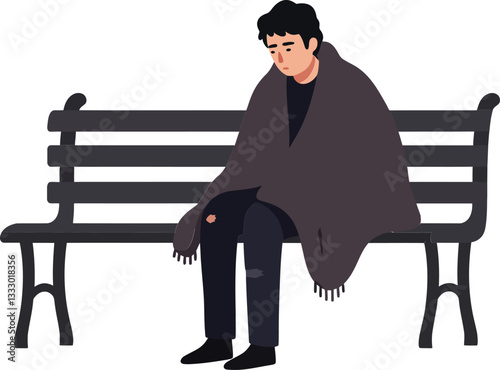 A man sitting alone on a park bench wrapped in a warm blanket in a minimal flat vector illustration
