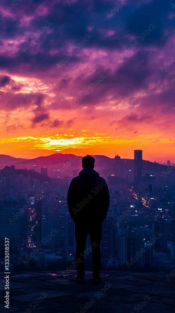 Fototapeta premium Silhouette watches vibrant city sunset from above.