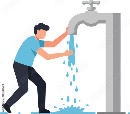 Man fixing a water faucet with flowing water in a flat design vector illustration showcasing determination and problem-solving in a domestic setting