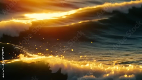 Captivating sunset over gentle ocean waves reflecting golden light, creating a serene atmosphere