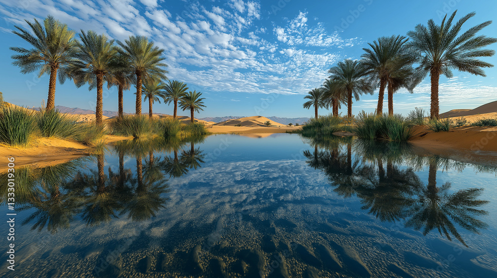 Obraz premium Desert oasis with palm trees and reflective water 
