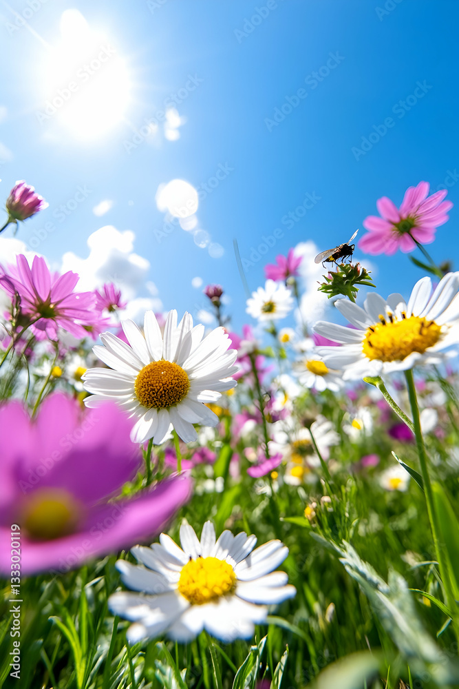 Fototapeta premium Colorful flower field under bright sky. Low angle view. Possible use Nature photography