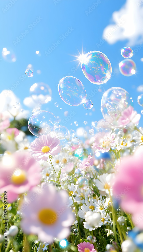 Obraz premium Colorful flowers and soap bubbles against a clear blue sky