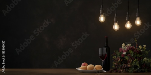 A beautifully set dining table featuring a bottle of wine, a glass, and fresh flowers, evoking feelings of elegance and conviviality in a warm atmosphere.