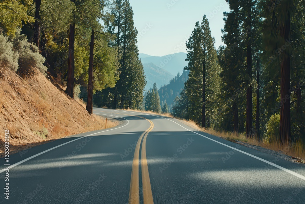 Naklejka premium Scenic Winding Mountain Road Surrounded by Lush Autumn Trees and Serene Landscapes