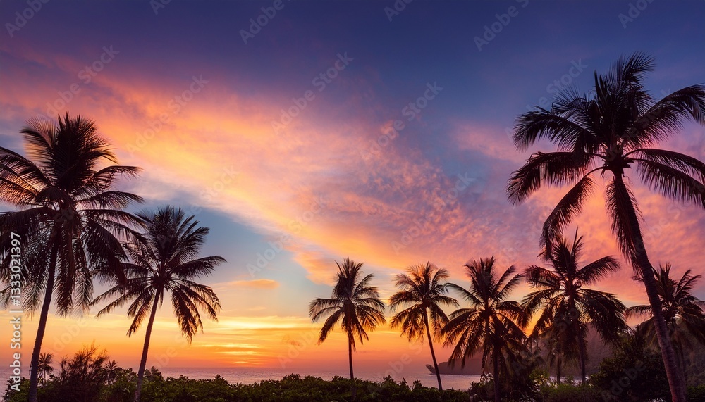 coconut palm trees against colorful sunset coconut palm trees against colorful sunset