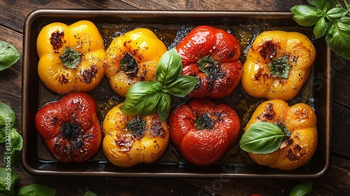 Close up of roasted yellow and red bell peppers on a baking sheet garnished with fresh basil leaves. Healthy eating concept.