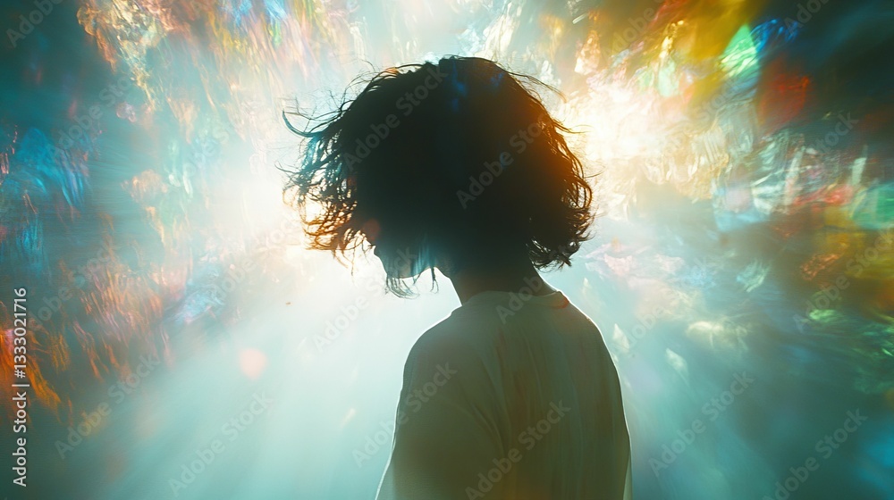 Person stands bathed in ethereal rainbow light Person stands bathed in ethereal rainbow light