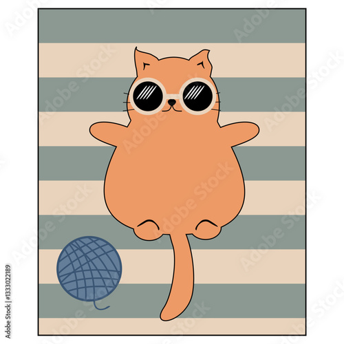 Nice cute cat lying on the striped rug relax rest sunbath sleep dream vector illustration	