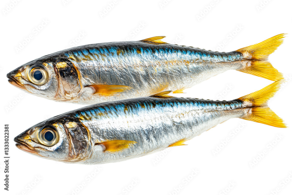 Two raw mackerel fish with silver skin and yellow fins, cut out transparent