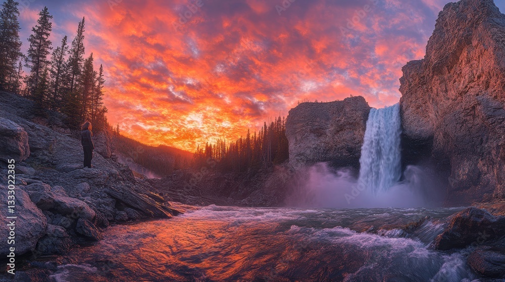 Fototapeta premium Majestic waterfall cascading amidst colorful sunset yellowstone national park nature photography scenic landscape