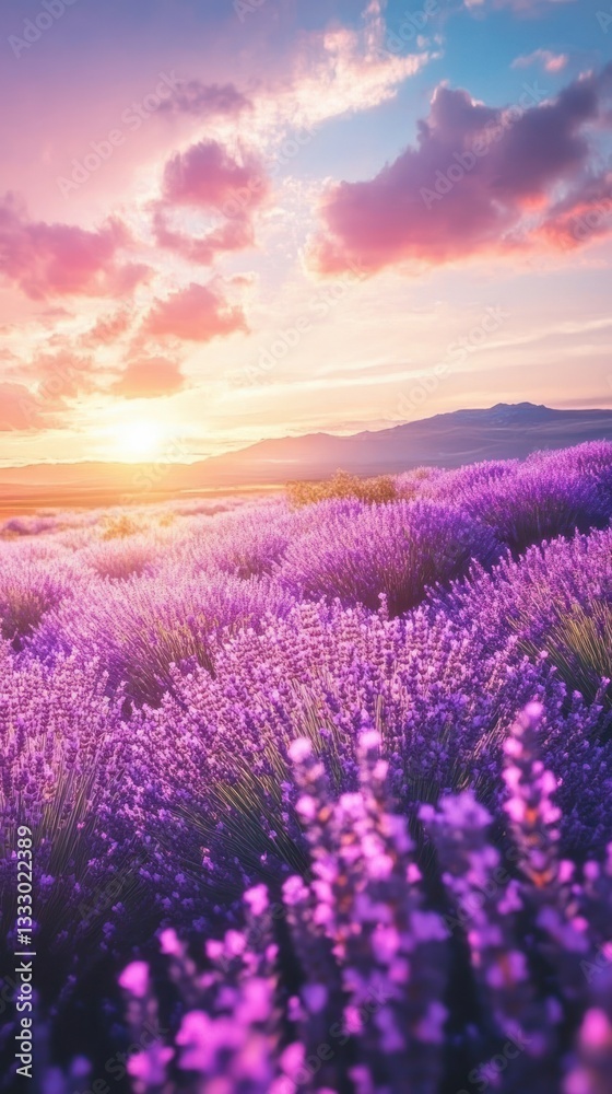 Fototapeta premium Vibrant Lavender Fields at Sunset with Scenic Horizon