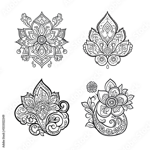 Floral Mandala Pattern for Henna Art. Ethnic Indian Decoration. Hand-Drawn Outline Design