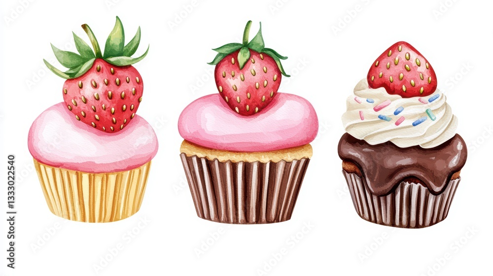 Delightful Selection of Sweet Desserts Featuring Cupcakes with Strawberries and Frosting Delightful Selection of Sweet Desserts Featuring Cupcakes with Strawberries and Frosting