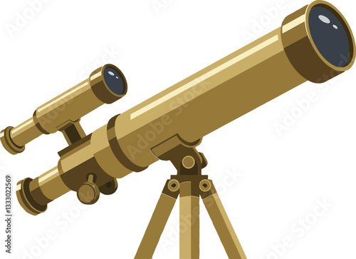 A detailed golden telescope set on a tripod, showcasing sleek design and functionality, ideal for stargazing and exploration, vector art