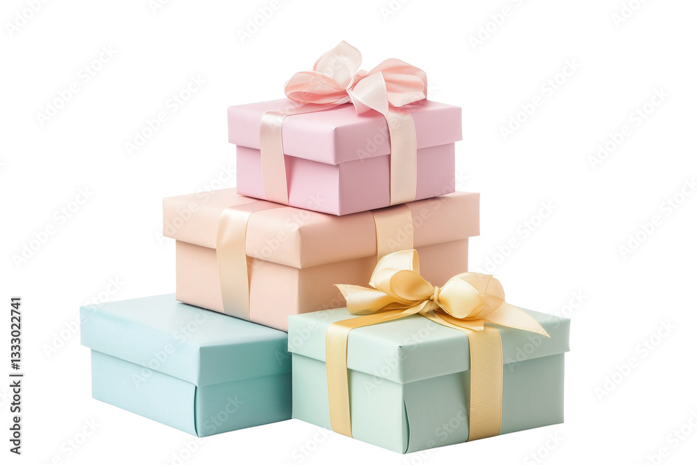 Obraz premium A composition of multiple gift boxes with beautiful ribbons in pastel colors. Great for holiday-themed designs. PNG with a transparent background