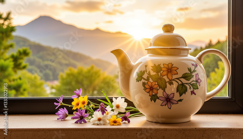 Tea kettle decorated with flowers by sunset mountain view, home comfort
