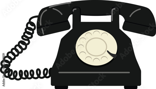 Classic black rotary telephone with coiled cord in a minimal design style, featuring a cream dial and nostalgic charm, vector illustration