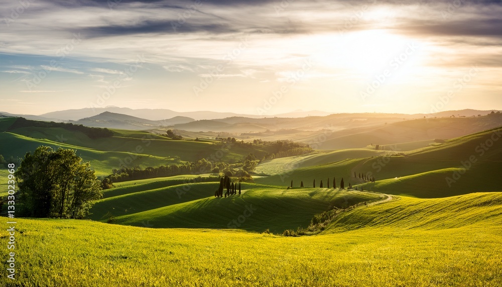 Obraz premium panoramic rolling hills with trees in gorgeous dramatic sunlight
