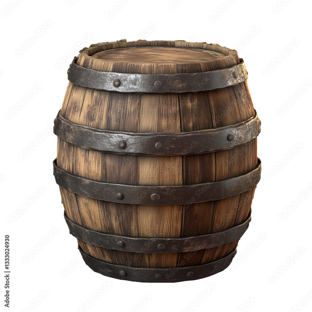 Obraz premium Aged oak barrel for wine, beer, whiskey, or rum storage, isolated on a white background