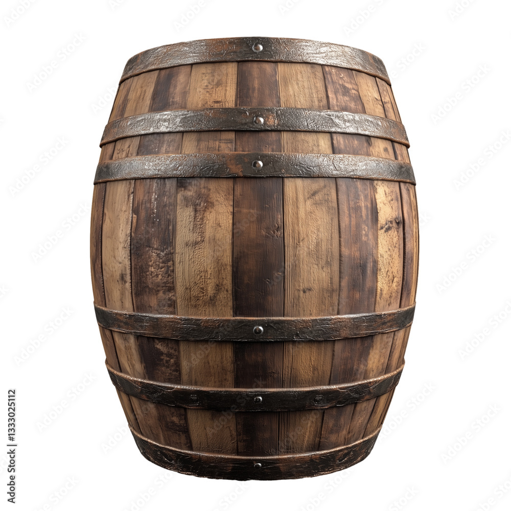 Fototapeta premium Aged oak barrel for wine, beer, whiskey, or rum storage, isolated on a white background