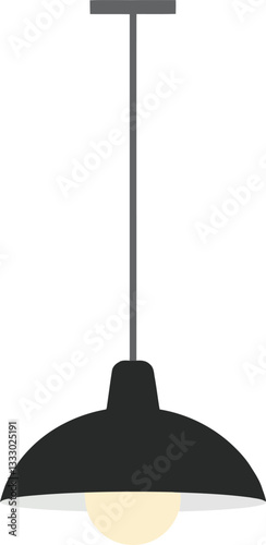 Modern black pendant lamp hanging from the ceiling in a minimalistic design, illuminating the space softly in vector art