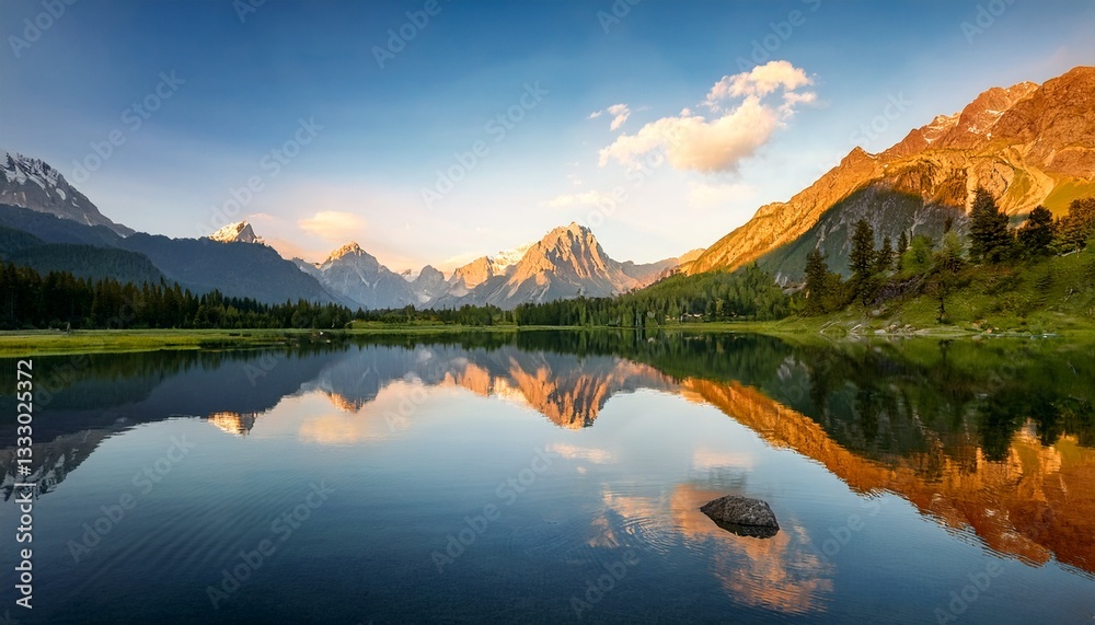 Fototapeta premium breathtaking tranquil lake reflection with towering mountains and ethereal lighting