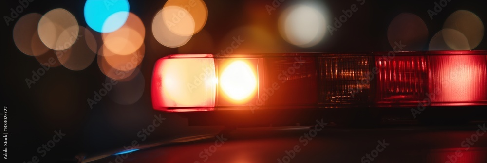 A close-up image of a flashing police light creates a dramatic effect with bokeh in the background, symbolizing alertness, safety, and the presence of law enforcement in urban life.