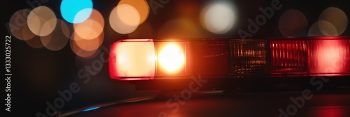 Obraz na płótnie A close-up image of a flashing police light creates a dramatic effect with bokeh in the background, symbolizing alertness, safety, and the presence of law enforcement in urban life. w salonie