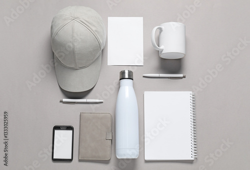 Different blank items for branding on grey background, flat lay. Mockup for design