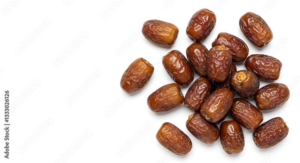 Obraz premium High Angle Close up Shot of a Pile of Sweet Medjool Dates Isolated on White Background